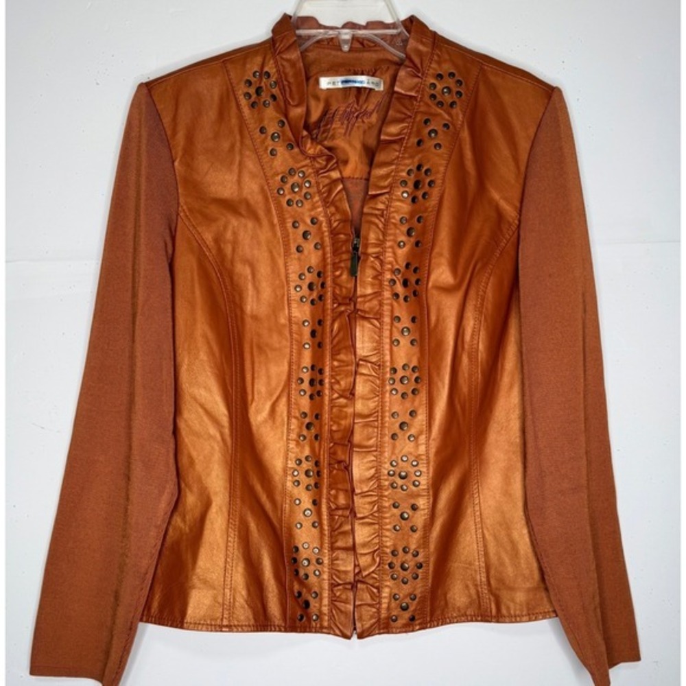 Peter Nygard Metallic Copper Leather Studded Ruffle Knit Jacket Sz M Chic Moto